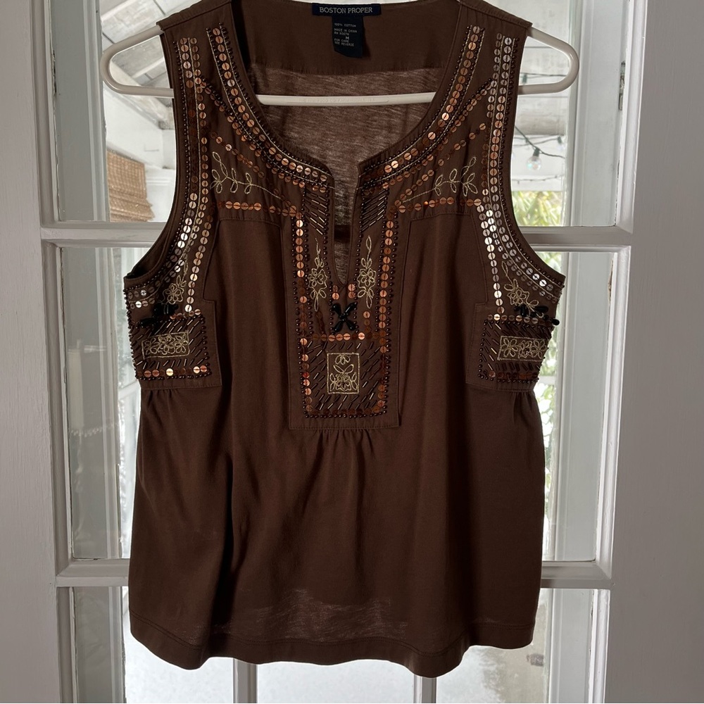 BOSTON PROPER Chocolate Embroidered Tank Top